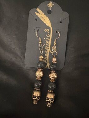 Phoenixic3 Brass & Lava Stone Skull Drop Earrings - Women’s Jewelry